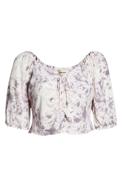 Shop Open Edit Tie Front Puff Sleeve Blouse In Ivory- Grey Q Campy Dye