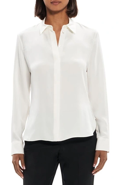 Shop Theory Classic Fitted Silk Shirt In Ivory