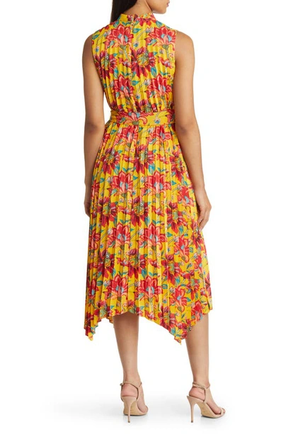 Shop Tahari Asl Floral Pleat Tie Waist Dress In Mustard Multi