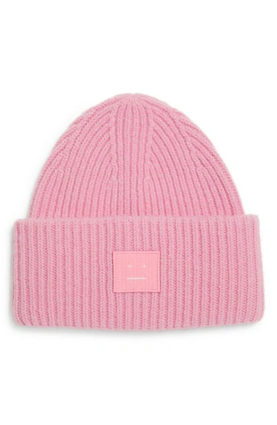 Shop Acne Studios Pansy Face Patch Rib Wool Beanie In Bubble Pink