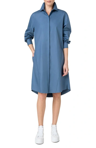 Shop Akris Pintuck Long Sleeve Cotton Poplin Shirtdress In 378-light Denim