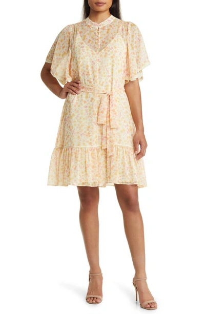 Shop Rachel Parcell Ditsy Tie Waist Flutter Sleeve Dress In Yellow Ditsy Floral