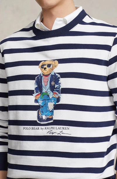 Shop Polo Ralph Lauren Polo Bear Stripe Crewneck Sweatshirt In Wht/ Nvy