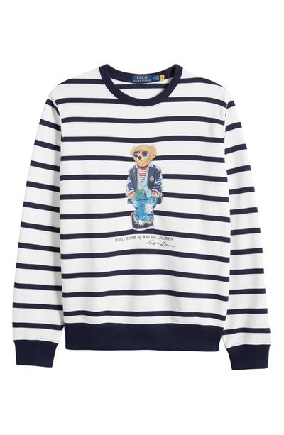 Shop Polo Ralph Lauren Polo Bear Stripe Crewneck Sweatshirt In Wht/ Nvy