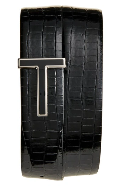 Shop Tom Ford Croc Embossed T-logo Belt In Black