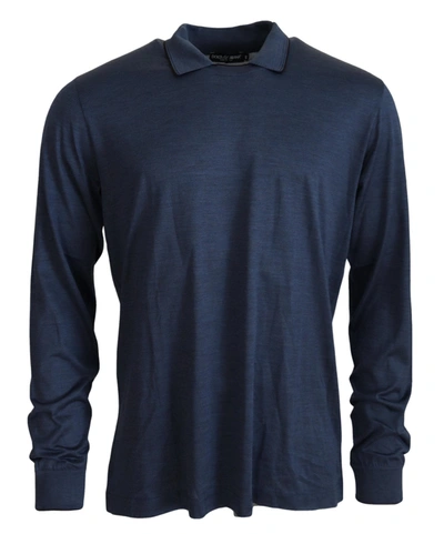 Shop Dolce & Gabbana Blue Silk Polo Long Sleeve Pullover Men's Sweater