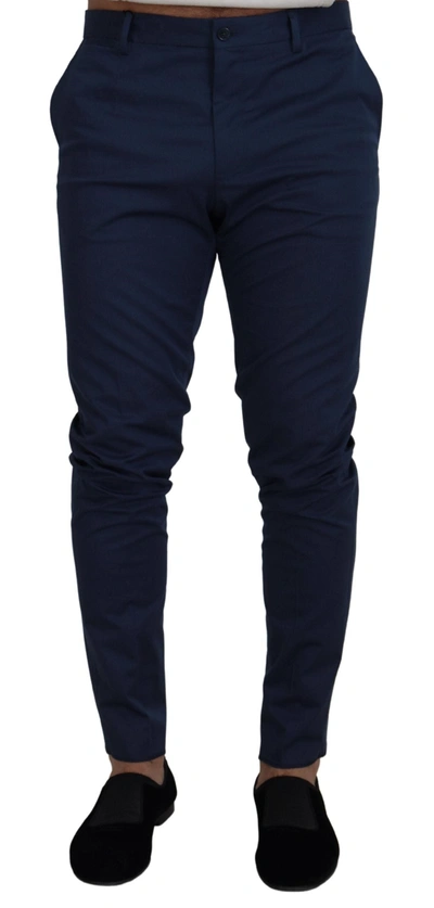 Shop Dolce & Gabbana Blue Stretch Cotton Slim Trousers Chinos Men's Pants