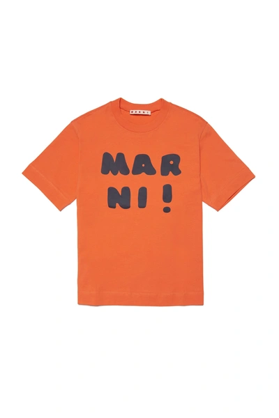 Shop Marni Crew-neck Jersey T-shirt With Logo In Orange