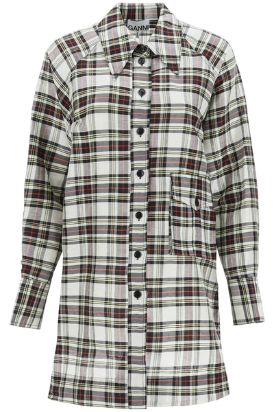 Shop Ganni Checkered Linen And Silk Shirt