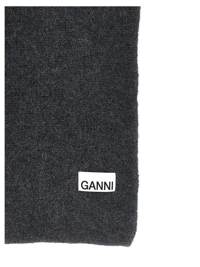 Shop Ganni Logo Patch Scarf Scarves, Foulards Gray