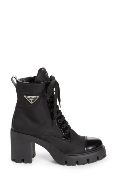 Prada Brushed Leather And Nylon Laced Booties In Black