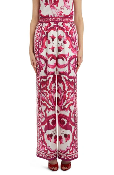 Shop Dolce & Gabbana Tile Print Wide Leg Silk Pants In Natural White