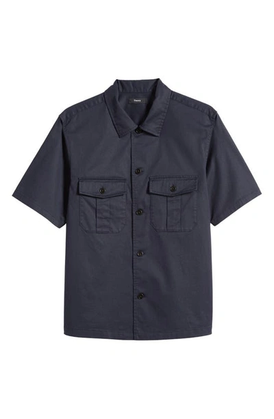 Shop Theory Beau Solid Stretch Cotton Blend Short Sleeve Button-up Shirt In Baltic