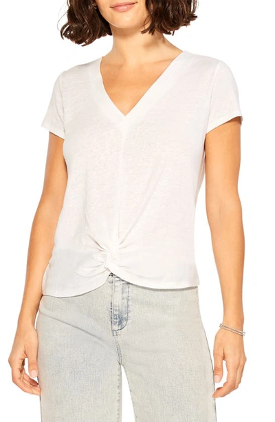 Shop Nzt By Nic+zoe Knot Front V-neck Linen Blend T-shirt In Paper White