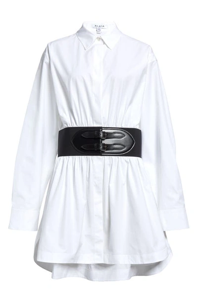 Shop Alaïa Belted Cotton Poplin Button-up Tunic In Blanc