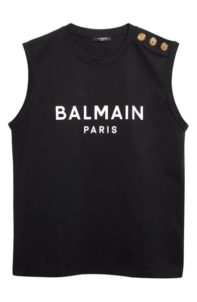 Shop Balmain Logo Graphic Three-button Tank Top In Eab Black/ White