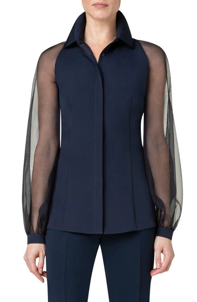 Shop Akris Fitted Silk Stretch Crepe & Organza Blouse In 179-navy