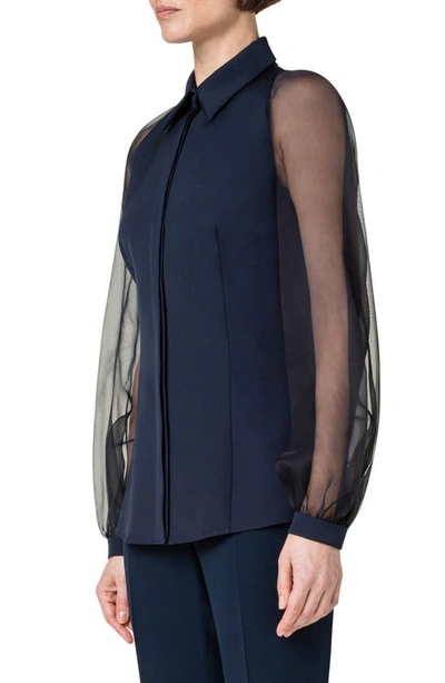 Shop Akris Fitted Silk Stretch Crepe & Organza Blouse In 179-navy