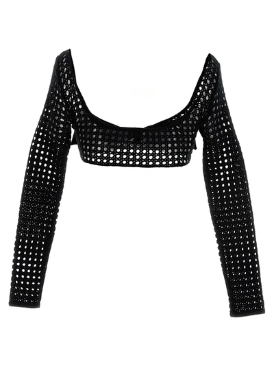 Shop Giambattista Valli Cropped Macramé Bow Top Tops Black