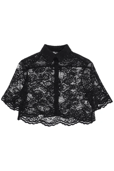 Shop Msgm Floral Lace Cropped Shirt With Short Sleeves