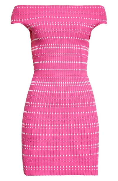 Shop Alexander Mcqueen Off The Shoulder Jacquard Sweater Dress In 6092 Pink/ White