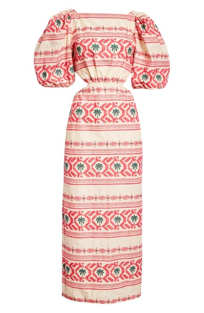 Shop Johanna Ortiz Magia Presente Embroidered Cotton Blend Dress In Tropic Ecru/ Pink