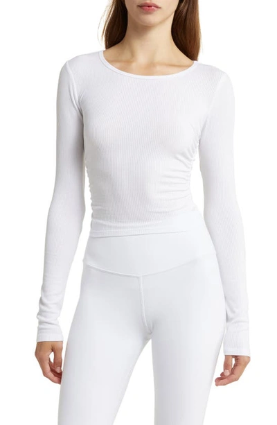 Shop Alo Yoga Gather Long Sleeve Rib Crop Top In White