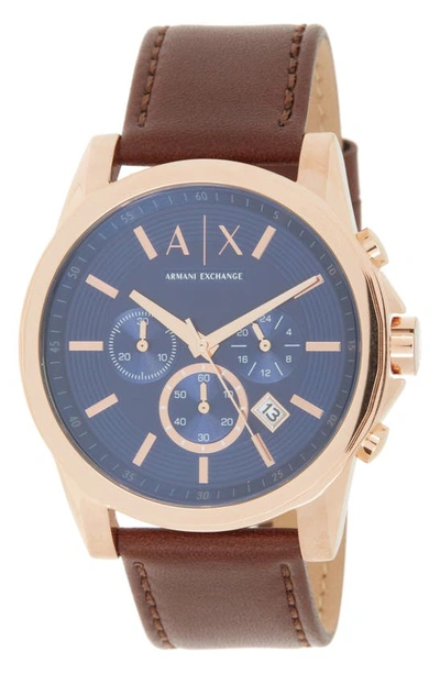 Armani Exchange Analog Leather Strap, 45mm In Rose Gold