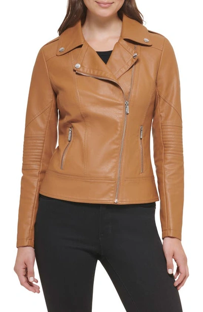 Shop Guess Faux Leather Asymmetrical Moto Jacket In Cinnamon