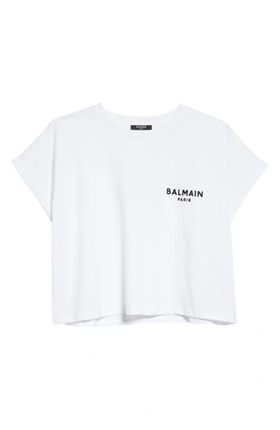 Shop Balmain Flocked Logo Crop T-shirt In Gab White/ Black