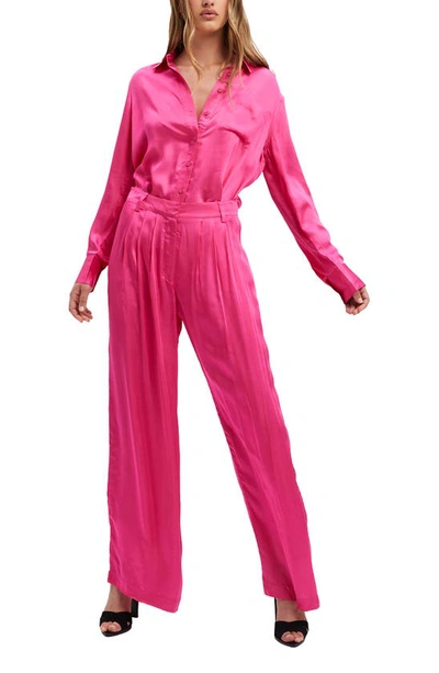 Shop Bardot Lena Satin Button-up Shirt In Hot Pink