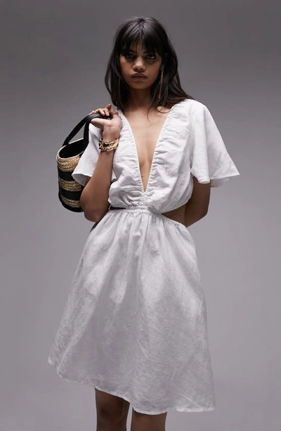 Shop Topshop Cutout Flutter Sleeve Cotton & Linen Minidress In White