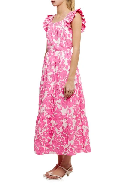 Shop English Factory Floral Tie Back Tiered Cotton Dress In Fuchsia