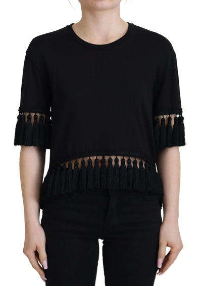 Shop Dolce & Gabbana Black T-shirt Women's Tassle Cotton Women's Blouse