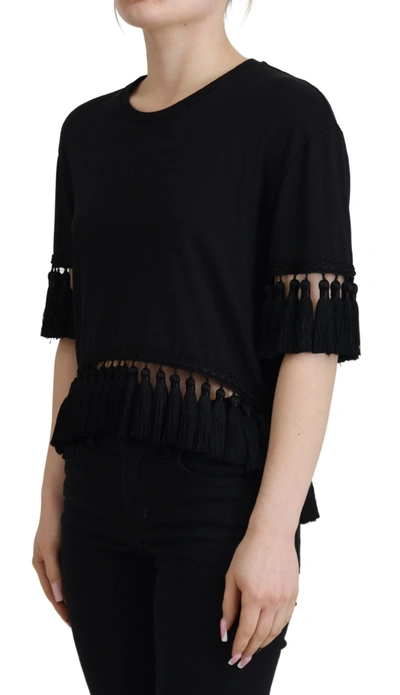 Shop Dolce & Gabbana Black T-shirt Women's Tassle Cotton Women's Blouse