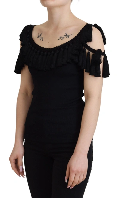 Shop Dolce & Gabbana Black Tank Top Women's Tassle Cotton Women's Blouse