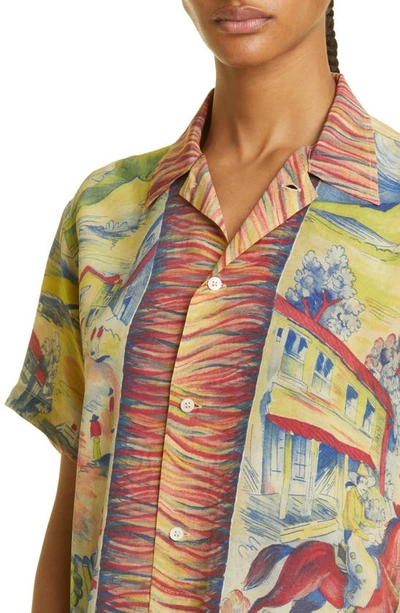 Shop Bode Pampa Pony Short Sleeve Silk Button-up Shirt In Green Hills