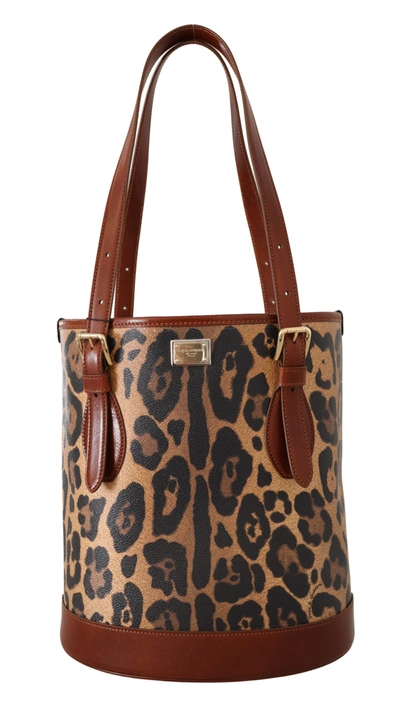 Shop Dolce & Gabbana Brown Leopard Pattern Shopping Tote Hand Bucket Women's Purse