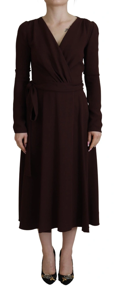 Shop Dolce & Gabbana Brown Wrap Long Sleeve Midi Stretch Women's Dress