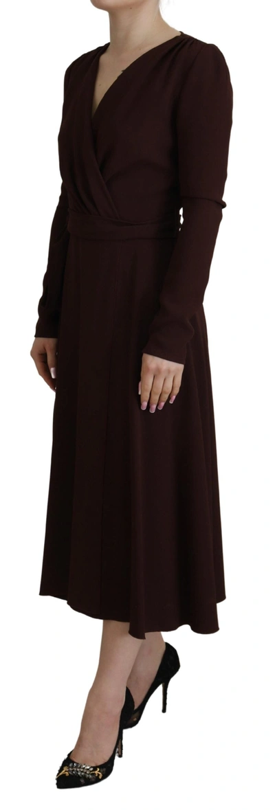 Shop Dolce & Gabbana Brown Wrap Long Sleeve Midi Stretch Women's Dress