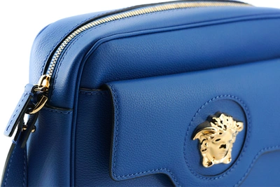 Shop Versace Calf Leather Camera Shoulder Women's Bag In Blue