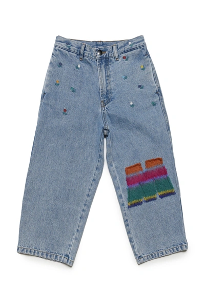 Shop Marni Light Blue Jeans Pants With Embroidered Flowers And Patch