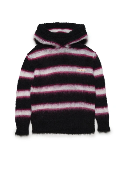 Shop Marni Striped Wool-blend Mohair Hooded Sweater In Black