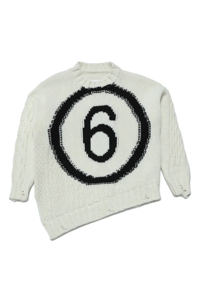 Shop Mm6 Maison Margiela Wool-blend Crew-neck Sweater With Logo And Vintage Effect Breaks In White