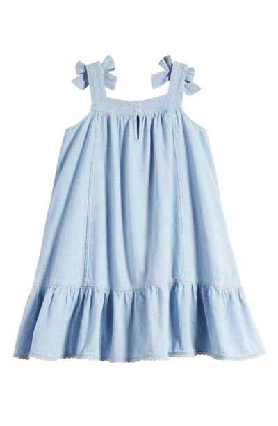 Shop Zimmermann Kids' Halcyon Bow Strap Cotton Chambray Dress In Misty Blue