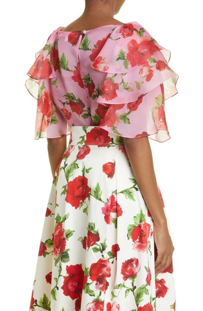 Shop Carolina Herrera Rose Print Tiered Ruffle Silk Organza Top In Deco Pink Multi