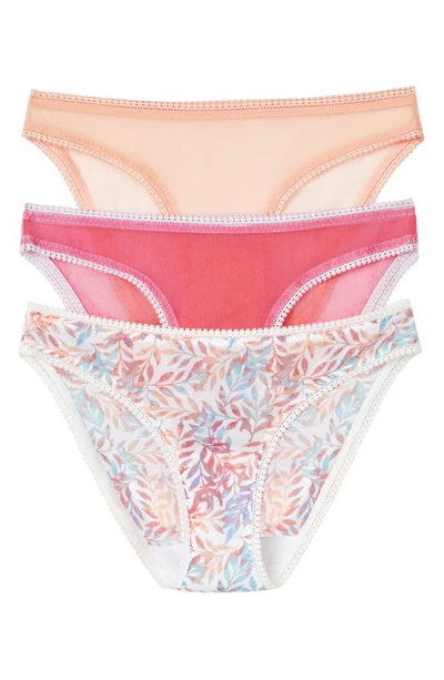 Shop On Gossamer 3-pack Mesh Hip Bikinis In Coral/ Pink/ Floral