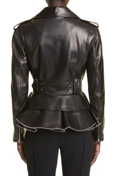 Shop Alexander Mcqueen Peplum Lambskin Leather Biker Jacket In 1000 Black