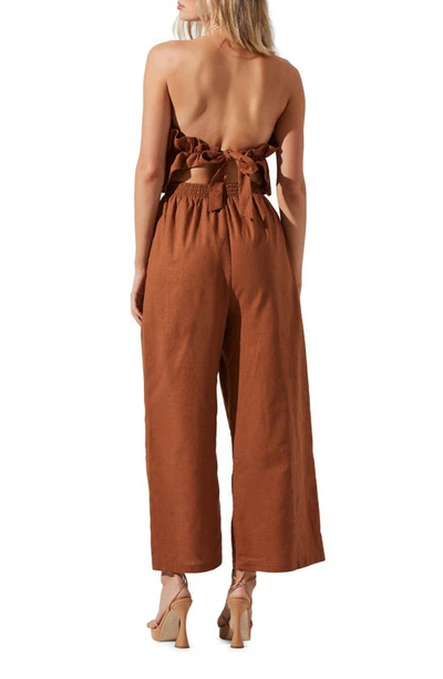 Astr The Label Ruffle Bodice Tie Back Strapless Cotton & Linen Jumpsuit In Brown