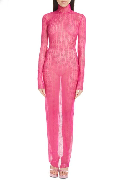 Shop Givenchy 4g Long Sleeve Stretch Tulle Dress In Fuchsia